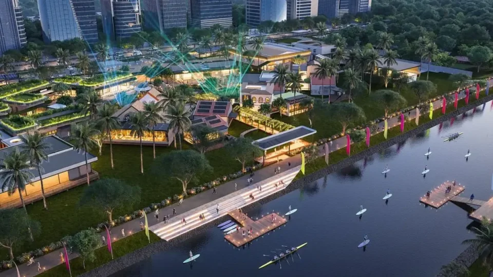 Rendering desain kawasan komersial hijau Orange Groves dan sabuk hijau Greenbelt PIK 2 di tepi aliran Sungai Tahang Tangerang.